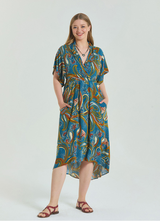 V Neck Gathered Detailed Petrol Floral Plus Size Dress 4604